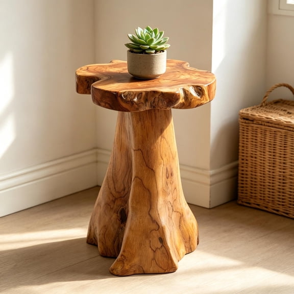 Rustic Teak Tree Stump Table  Live Edge Side Table or Stool, Natural Wood, Gift