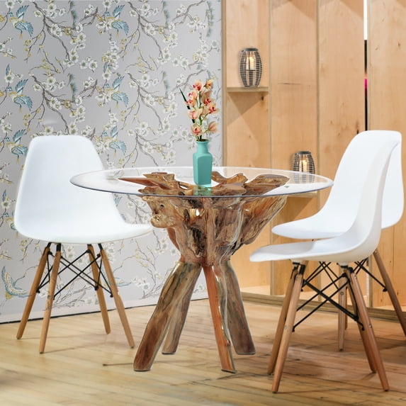 Rustic Teak Wood Root Bar Table Including 47 Inch Round Glass Top
