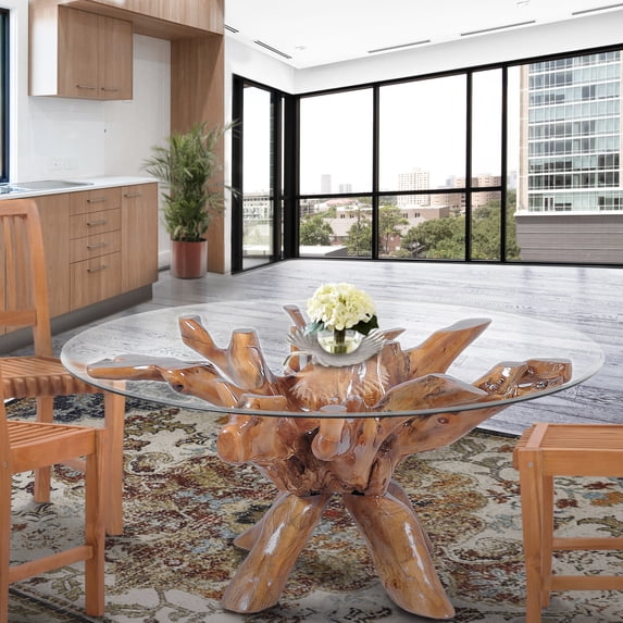 Rustic Teak Wood Root Dining Table Including 55 Inch Round Glass Top