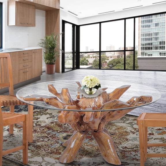 Rustic Teak Wood Root Dining Table Including 55 Inch Round Glass Top