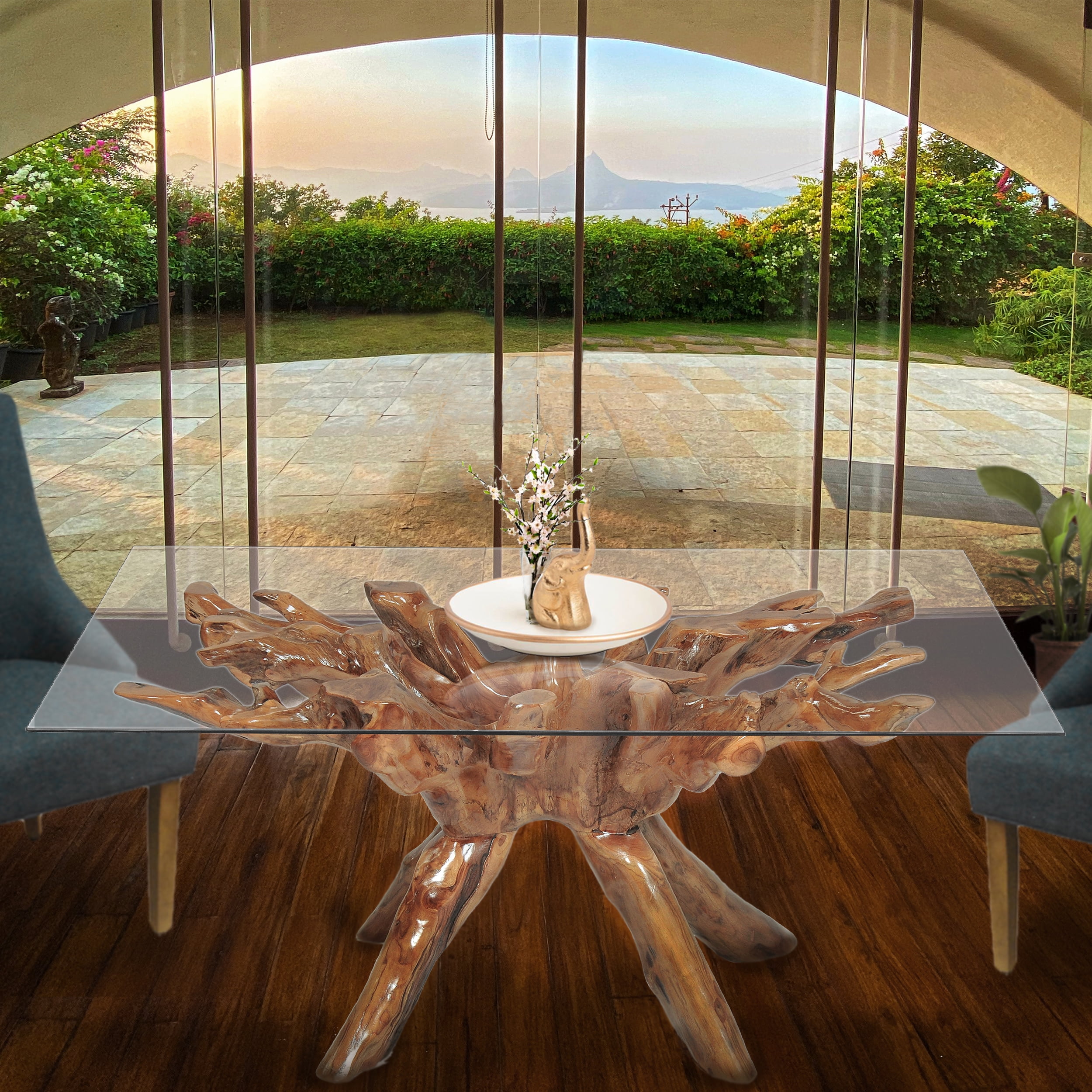 Rustic Teak Wood Root Dining Table Including 87 x 43 Inch Glass Top ...