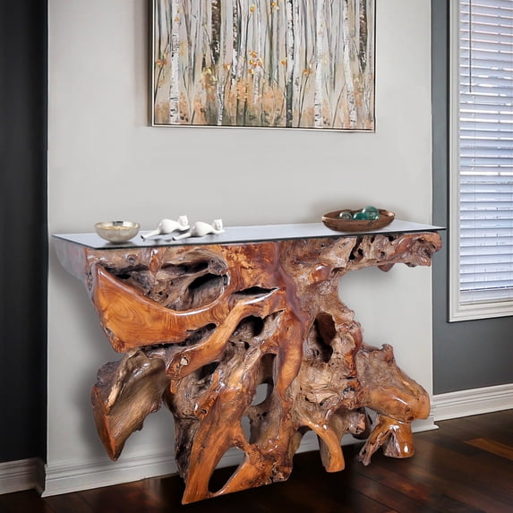 Rustic Teak Wood Root Live Edge Console Table with Glass Top, 48 inches