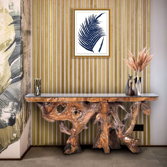 Rustic Teak Wood Root Live Edge Console Table with Glass Top, 72 inches