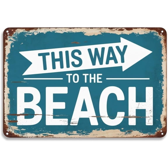 Rustic Teal Beach This Way Tin Sign, Vintage Coastal Ocean Metal Wall Decor for Home Bedroom Kitchen Bar Dorm Bathroom, 8 x 12 Inches