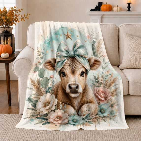 Rustic Teal Cow Floral Crown Whimsical Farmhouse Bedroom, Cozy Friendship Quote Scene, Warm Flannel Blanket for Ranch House and Living Room, Art Lovers Friendship Gift, Artistic Home Decor