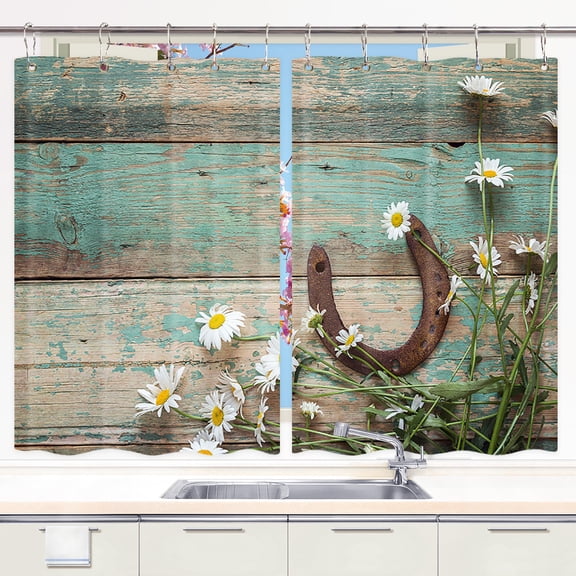 Rustic Teal Daisy Kitchen Curtains, Rural Nature Scenery Window Valances Rustic Floral Yellow Daisy Butterfly Valance Window Treatments Wood Farmhouse Kitchen Curtains for Bedroom, 42X45 Inch