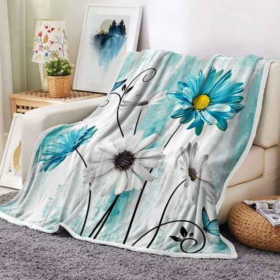 Rustic Teal Daisy Throw Blanket, Turquoise Blue Floral Daisy Throw Blanket, Rustic Wood Farmhouse Throw Flannel Blankets, American Country Farm Style Blanket 50" x 60", Super Soft & Warm Blankets