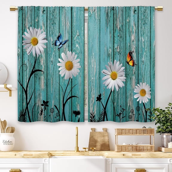 Rustic Teal Distressed Wooden Plank Daisy Butterfly Window Curtains for Farmhouse Kitchen Home Decor