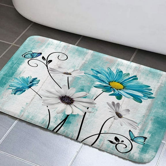 Rustic Teal Floral Bathroom Rugs, Butterfly Daisy American Country Farm Style Bath Mat Rugs, Soft and Absorbent Shaggy Plush Flowers Bath Rugs, Rustic Wooden Bath Mats for Shower Bedroom 17"X29"