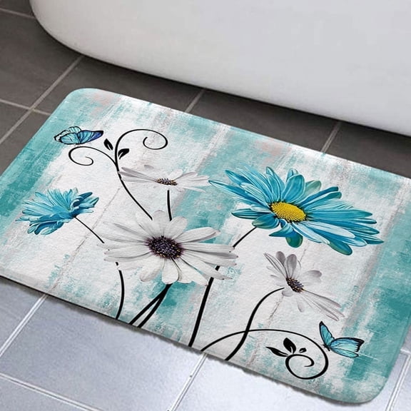 Rustic Teal Floral Bathroom Rugs, Butterfly Daisy American Country Farm Style Bath Mat Rugs, Soft and Absorbent Shaggy Plush Flowers Bath Rugs, Rustic Wooden Bath Mats for Shower Bedroom 19"X31"