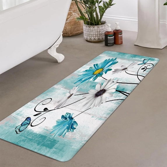 Rustic Teal Floral Bathroom Rugs, Butterfly Daisy American Country Farm Style Bath Mat Rugs, Soft and Absorbent Shaggy Plush Flowers Bath Rugs, Rustic Wooden Bath Mats for Shower Bedroom 17"X48"