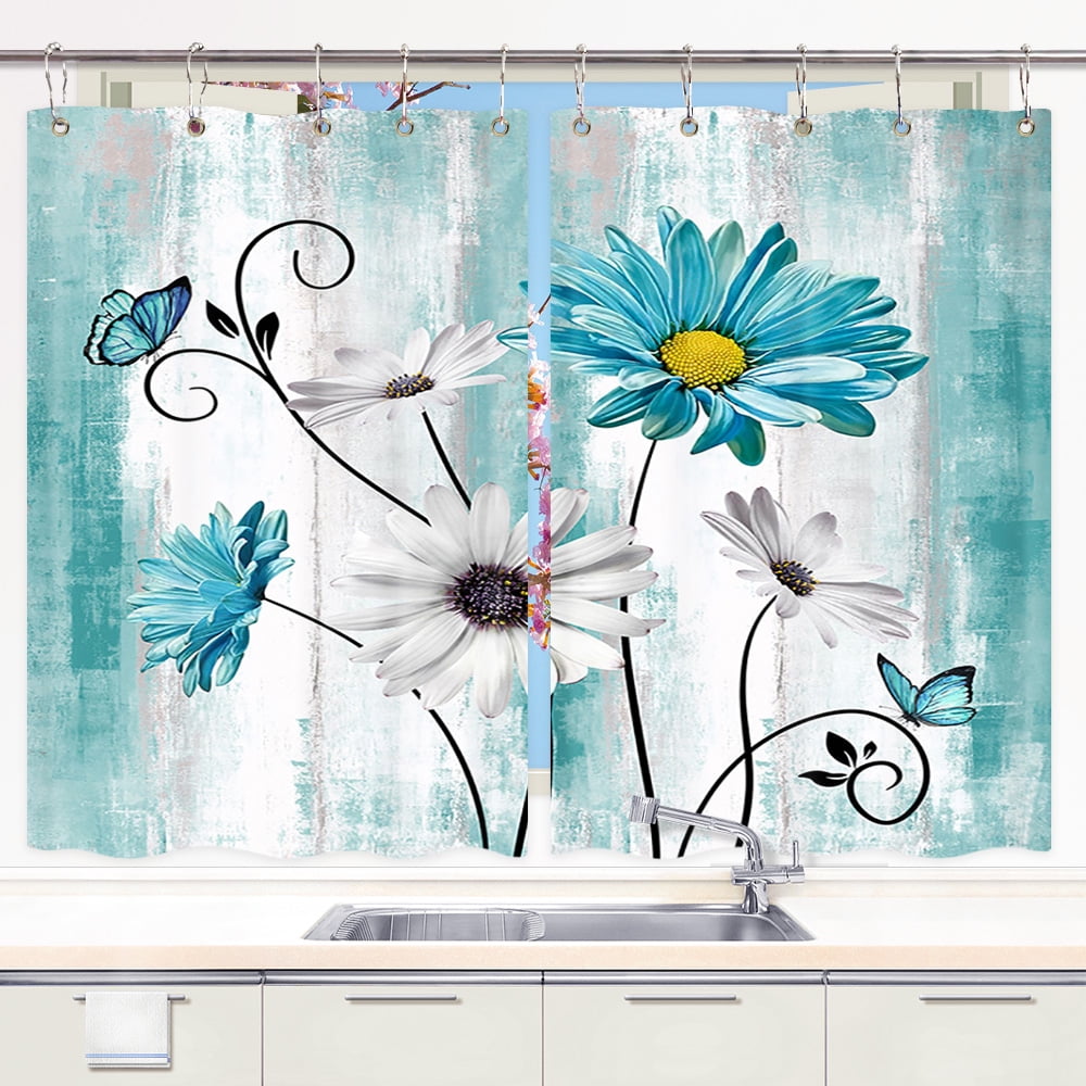 Rustic Teal Floral Kitchen Curtains, Farmhouse Turquoise Blue Flower