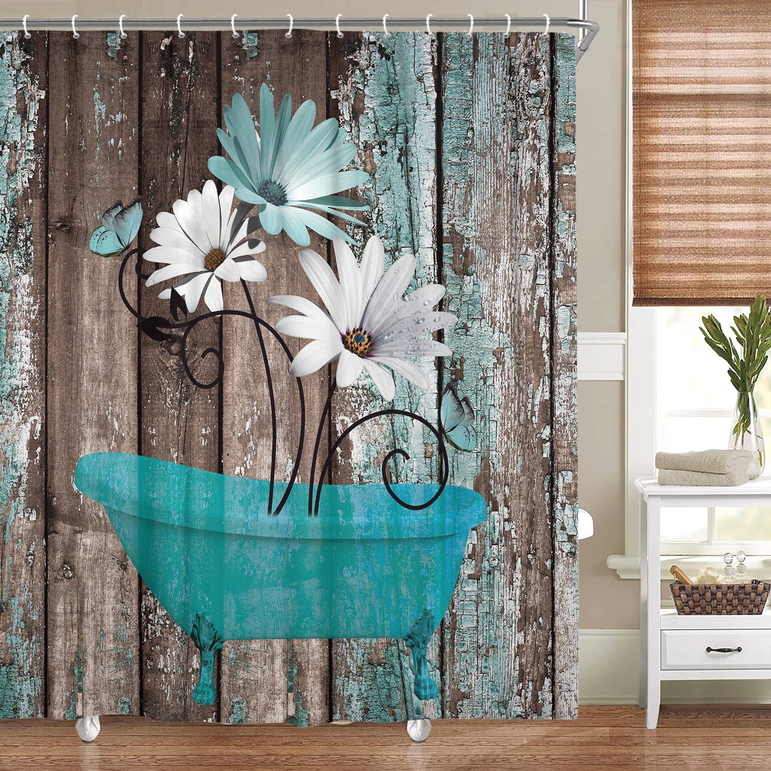 Rustic Teal Floral Shower Curtain, Farmhouse Blue Daisy Flowers