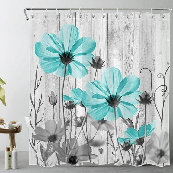 Rustic Teal Floral Shower Curtain with Hooks, Grey Flower on Vintage Wood Boards Shower Curtain for Bathroom, Country Wildflower Plant Shower Curtain Set Bathroom Decorations, 72x72 inch