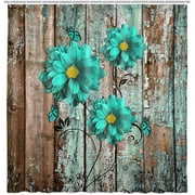 Rustic Teal Floral Shower Curtain, Modern Farmhouse Fabric Blue Flower on Grey Wooden Curtains