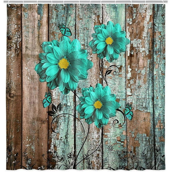 Rustic Teal Floral Shower Curtain, Modern Farmhouse Shower Curtain Set Fabric Turquoise Blue Flower on Grey Wooden Curtains, Vintage Country Farm Style Bathroom Restroom Decor Accessories, (48X70n)