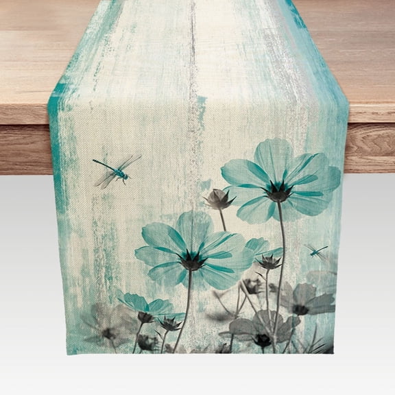 Rustic Teal Floral Table Runner 13"X60", Western Farmhouse Retro Country Style Linen Table Decor for Kitchen Dining Room Coffee Table