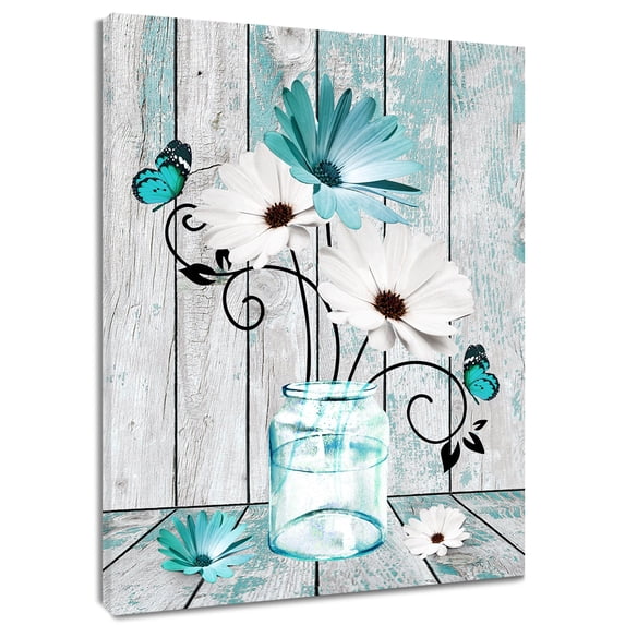 Rustic Teal Floral Wall Art Teal and White Daisy in Vase with Butterfly Canvas Wall Art Rustic Modern Farmhouse Framed Wall Art for Living Room Bedroom Bathroom Home Decor Ready to Hang,8x10 Inches