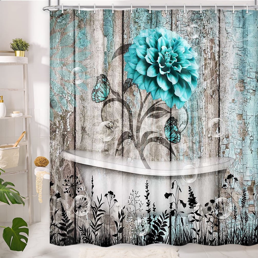 Rustic Teal Flower Shower Curtain for Bathroom, Farmhouse Dahlia Floral Butterfly on Country Old Wooden Plank Bathtubs Curtains, Retro Turquoise Blue Grey Restroom Decor Accessories with Hooks,60X70in