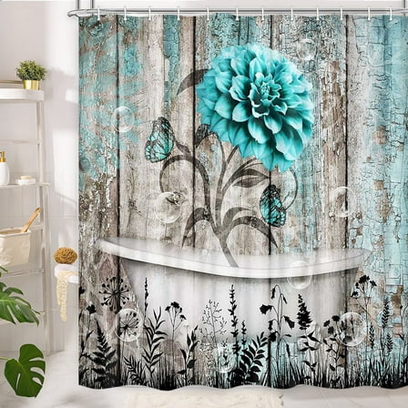 Rustic Teal Flower Shower Curtain for Bathroom, Farmhouse Dahlia Floral Butterfly on Country Old Wooden Plank Bathtubs Curtains, Retro Turquoise Blue Grey Restroom Decor Accessories with Hooks,72X72in
