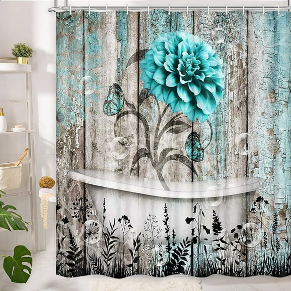 Rustic Teal Flower Shower Curtain for Bathroom, Farmhouse Dahlia Floral Butterfly on Country Old Wooden Plank Bathtubs Curtains, Retro Turquoise Blue Grey Restroom Decor Accessories with Hooks,72X72in