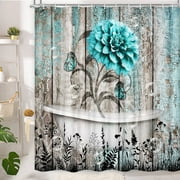 Rustic Teal Flower Shower Curtain for Bathroom, Farmhouse Dahlia Floral Butterfly on Country Old Wooden Plank Bathtubs Curtains, Retro Turquoise Blue Grey Restroom Decor Accessories with Hooks,72X72in