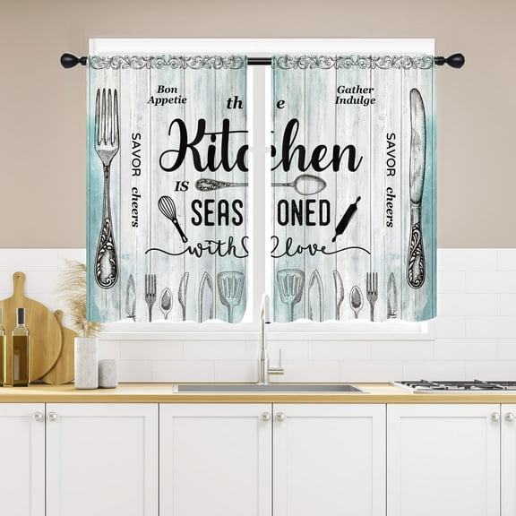 Rustic Teal Kitchen Curtains 27.5W x 36L Inch Small Mini Country Vintage Farmhouse Retro Wooden Barn Fork Knife Spoon Rod Pocket Short Curtain Tiers for Cafe Window Drapes Treatment Fabric 2 Panels