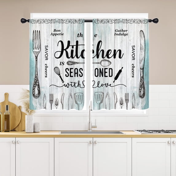 Rustic Teal Kitchen Curtains 27.5W x 45L Inch Small Mini Country Vintage Farmhouse Retro Wooden Barn Fork Knife Spoon Rod Pocket Short Curtain Tiers for Cafe Window Drapes Treatment Fabric 2 Panels
