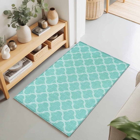 Rustic Teal Retro Linen Rectangle Area Rug 2x3ft,Living Room Rug Non-Slip Washable Circle Rugs Pad,Moroccan Texture Ethnic Style Soft Floor Carpet for Bedroom Dining Room