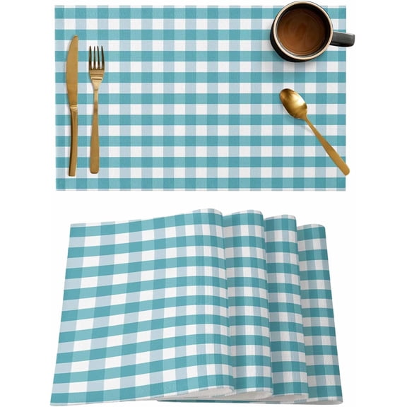 Rustic Teal White Buffalo Check Plaid Pattern Placemats Set of 4, Farmhouse Heat Resistant Washable Table Place Mats Cotton Table Linens Party Holiday Decor for Kitchen Dining Outdoor Indoor