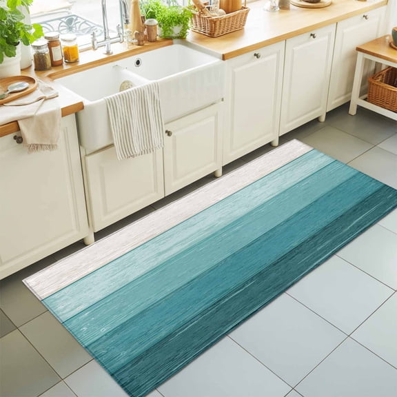 Rustic Teal White Ombre Wood Grain Rectangle Area Rug 2x6ft,Living Room Rug Non-Slip Washable Circle Rugs Pad,Vintage Farm Wooden Plank Soft Floor Carpet for Bedroom Dining Room