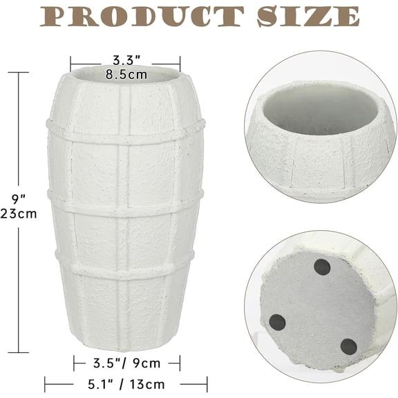 Rustic Terracotta Flower Vase for Home Decor  9" White Farmhouse Textured Barrel-Style Ceramic Vase Vintage Handcrafted Gridded Design for Faux & Dried Flowers Living Room Table Centerpiece