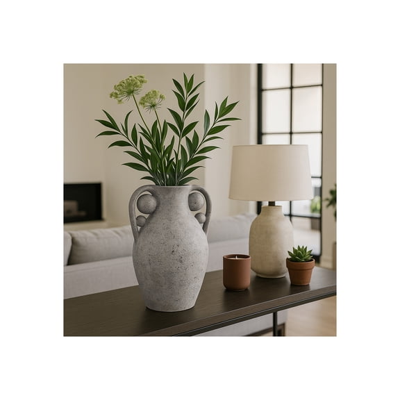 Rustic Terracotta Vase with Orbs Under Handles for Home Decor - Modern Floor Flower Vase for Living Room, Bedroom, and House Entryway - Flower Vase for Dining Room and Table Decor - 26", Gray