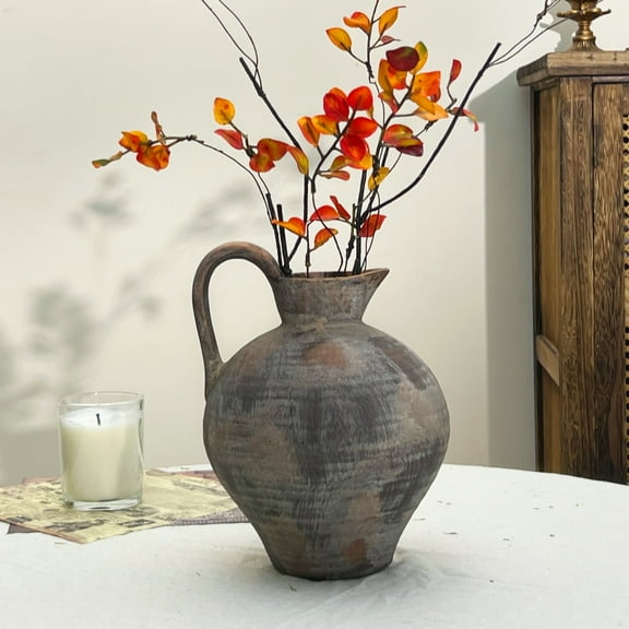 Rustic Terracotta Vase with Handle,8.8 Inch Vintage Ceramic Flower Vase for Home and Entryway Decor