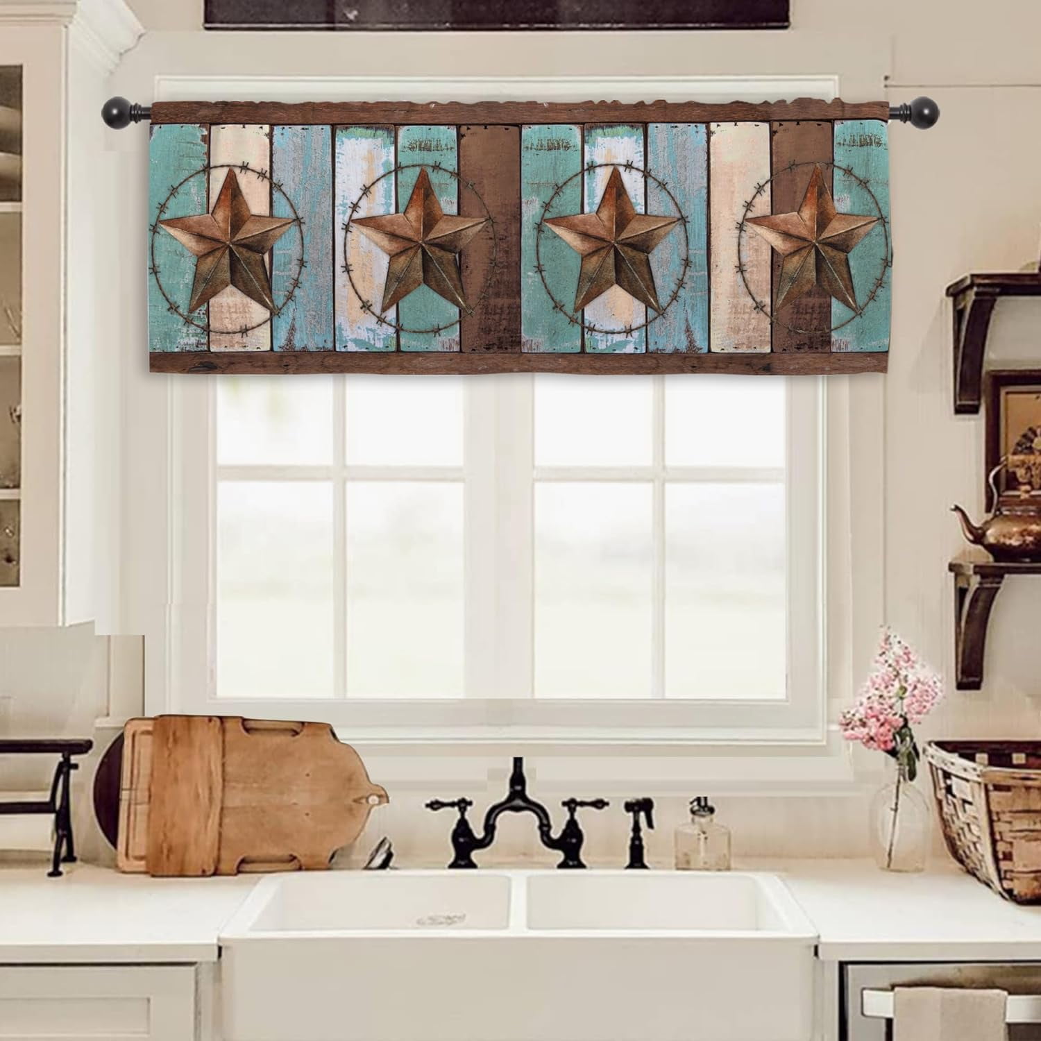 Rustic Texas Star Farmhouse Kitchen Curtain Valance 54W x 18H Rod ...
