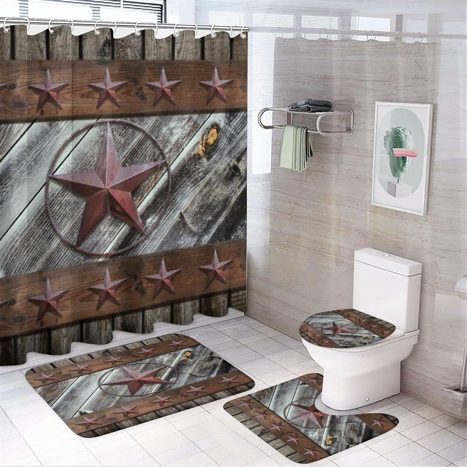 Rustic Texas Star Print Shower Curtain Sets 4 Piece,Vintage Farmhouse