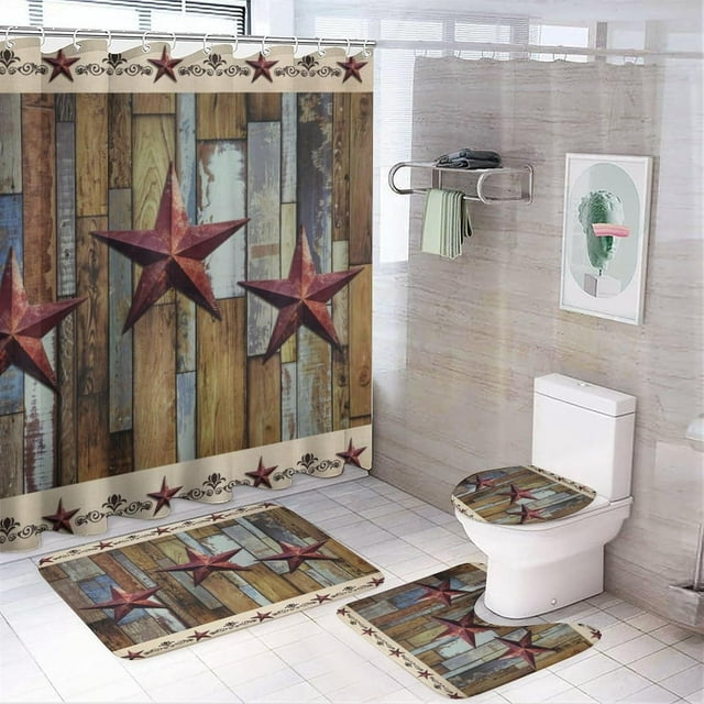 Rustic Texas Star Print Shower Curtain Sets 4 Piece,Vintage Farmhouse