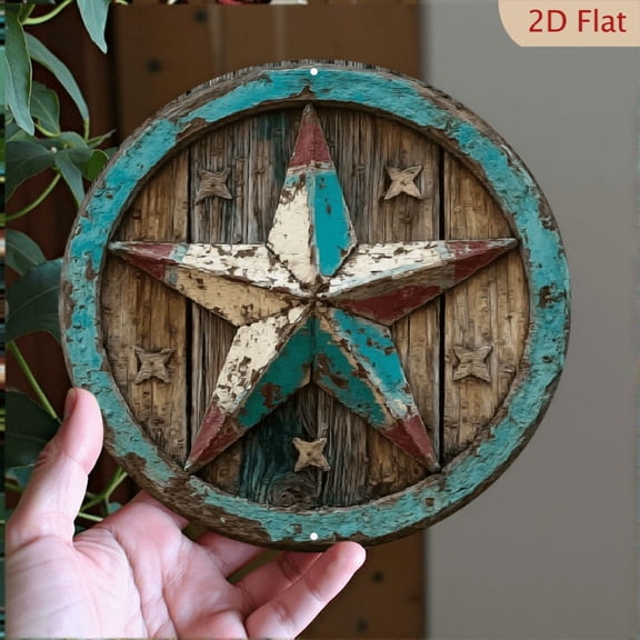 Rustic Texas Star Sign, "Western Farmhouse Wall Art Decor, 8" Round Aluminum Metal Signs, Wall Decor For Kitchen, Farm, Office, Bedroom Decor, Best Gift For Room, Home, Bathroom Decor, Weird, 2D Flat