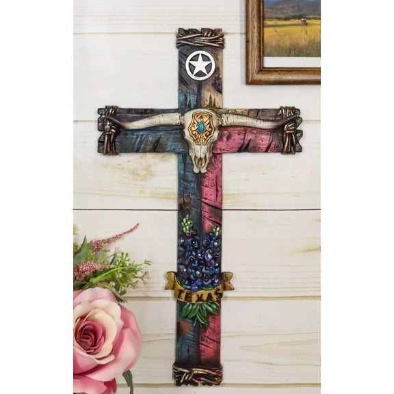 Rustic Texas State Colors Bluebonnet Longhorn Skull And Western Star Wall Cross