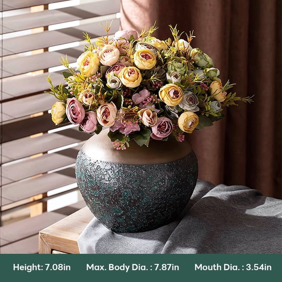Rustic Textured Ceramic Vase | 7.1" Tall Decorative Flower Vase for Home Decor, Living Room, Entryway | Two-Tone Bronze & Dark Green, 3.5" Opening