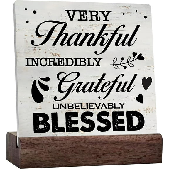 Rustic Thankful Grateful Thankful Grateful Blessed Sign Christian Home Desk Shelf Decor Ceramic Table Plaque With Wooden Stand Desk Decor Rustic Plaque For Wall Shelf Tabletop Decoration Home Kitchen