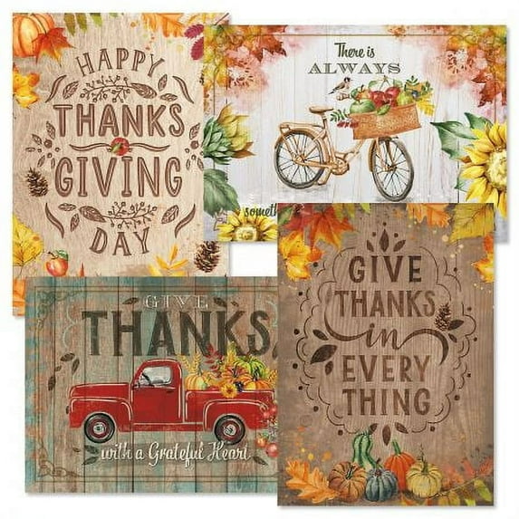 Rustic Thanksgiving Greeting Cards Set - Themed Holiday Card Variety Value Pack, Set of 8 Large 5 x 7-Inch Cards, Assortment of 4 Unique Designs, Envelopes Included, by Current