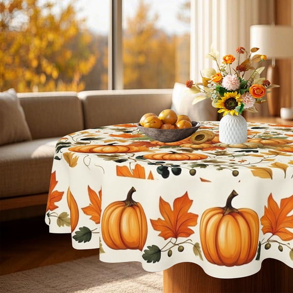 Rustic Thanksgiving Pumpkin Fall Foliage Print Round Tablecloth, Indoor Outdoor Patio Holiday Home Decor, Thanksgiving Christmas Gift