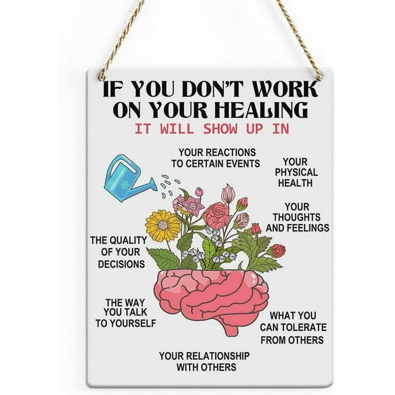 Rustic Therapy Office Quote Wood Decor Sign, Healing Brain Psychology Printed Wood Sign Wall Art, Hanging Door Sign, Watering Kettle Floral Brain Wood Sign Home Therapy Office Decor 8x10