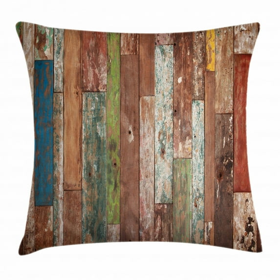 Rustic Throw Pillow Cushion Cover, Grunge Style Planks Print Weathered Old Look Vintage Illustration Architecture Theme, Decorative Square Accent Pillow Case, 24" X 24", Multicolor, by Ambesonne