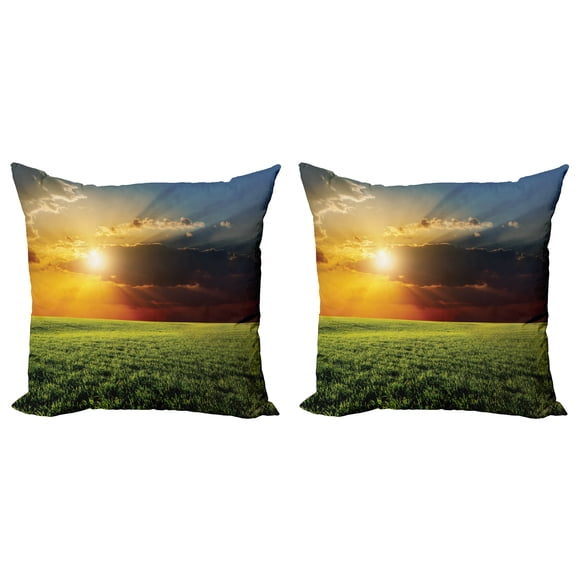 Ambesonne Landscape Throw Pillow Cover 2 Pack, Dark Clouds Sunset, 24", Green Yellow