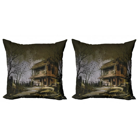 Ambesonne Rustic Throw Pillow Cover 2 Pack, Wooden Haunted House, 16", Multicolor