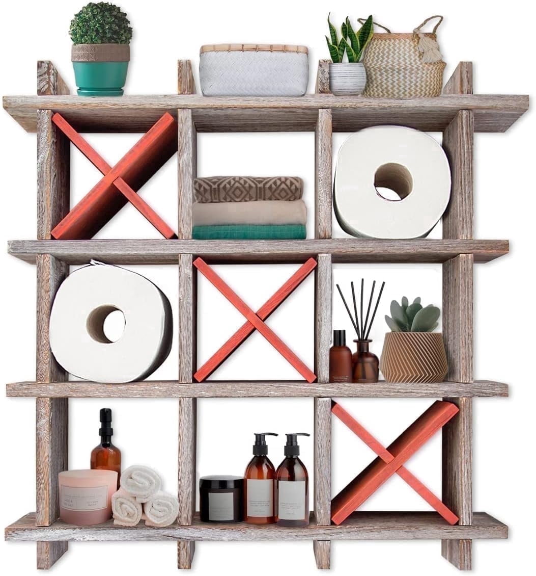 Comfify Tic Tac Toe Toilet Paper Holder, Metal, Freestanding or Wall-Mounted, Distressed White Bathroom Accessory