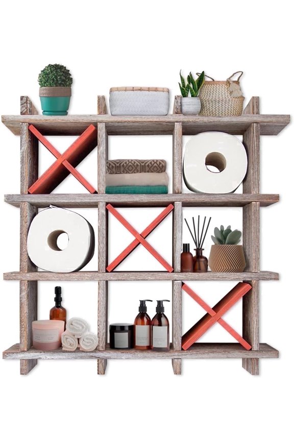 Tic Tac Toe Toilet Paper Holder, 9 Roll Storage Organizer with Top Shelf, Paulownia Wood, Distressed White Bathroom Decor