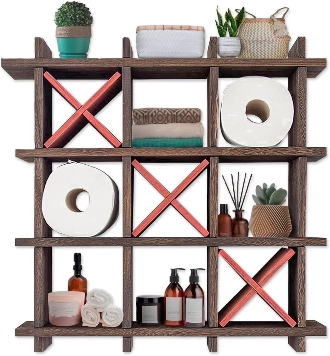 Comfify Tic Tac Toe Toilet Paper Holder, Torched Brown, Bathroom Tissue Storage Shelf for Wall Mount and Freestanding Use